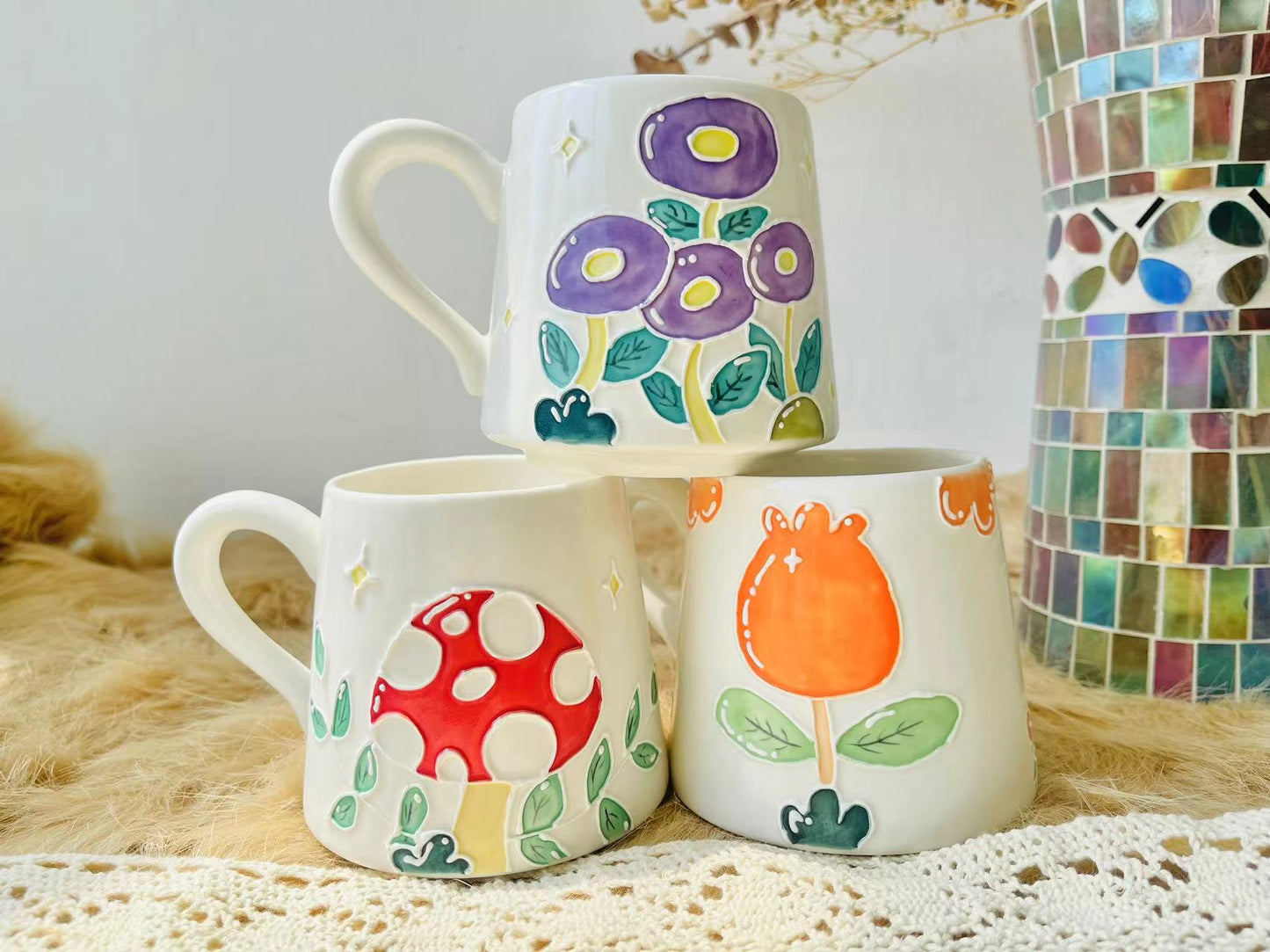 Hand-painted Floral Ceramic Coffee Mug, Mushroom Personalized Handmade Pottery Cup for Gifts