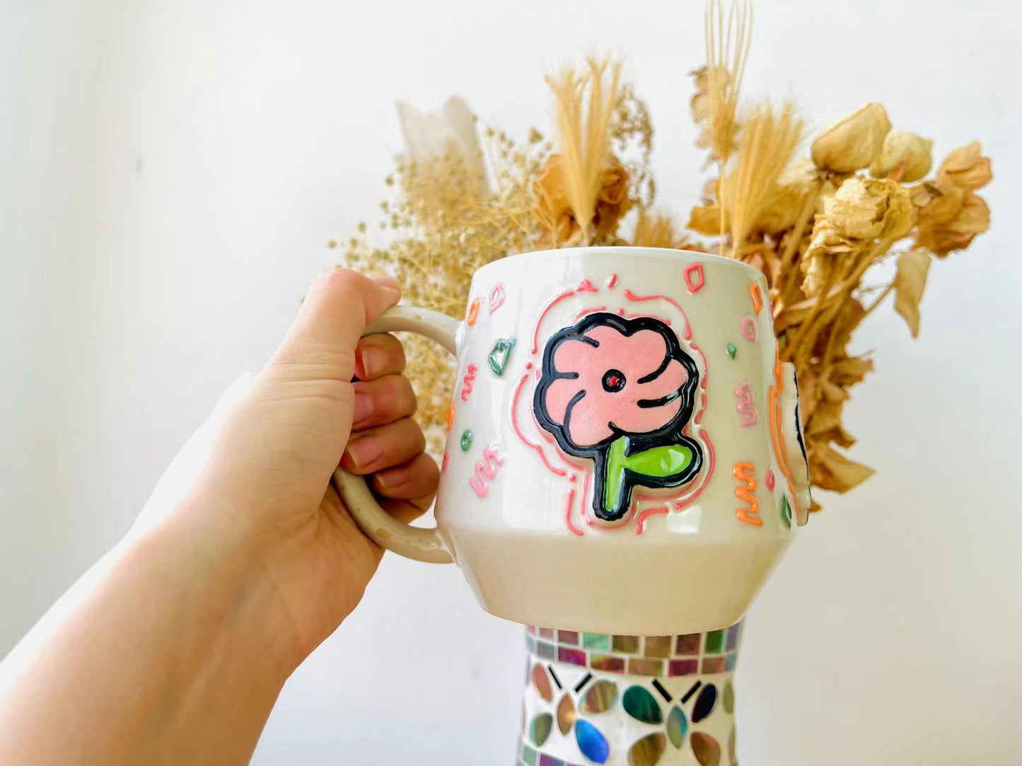 Cute Floral Ceramic Coffee Mug, Personalized Handmade Pottery Cup for Gifts