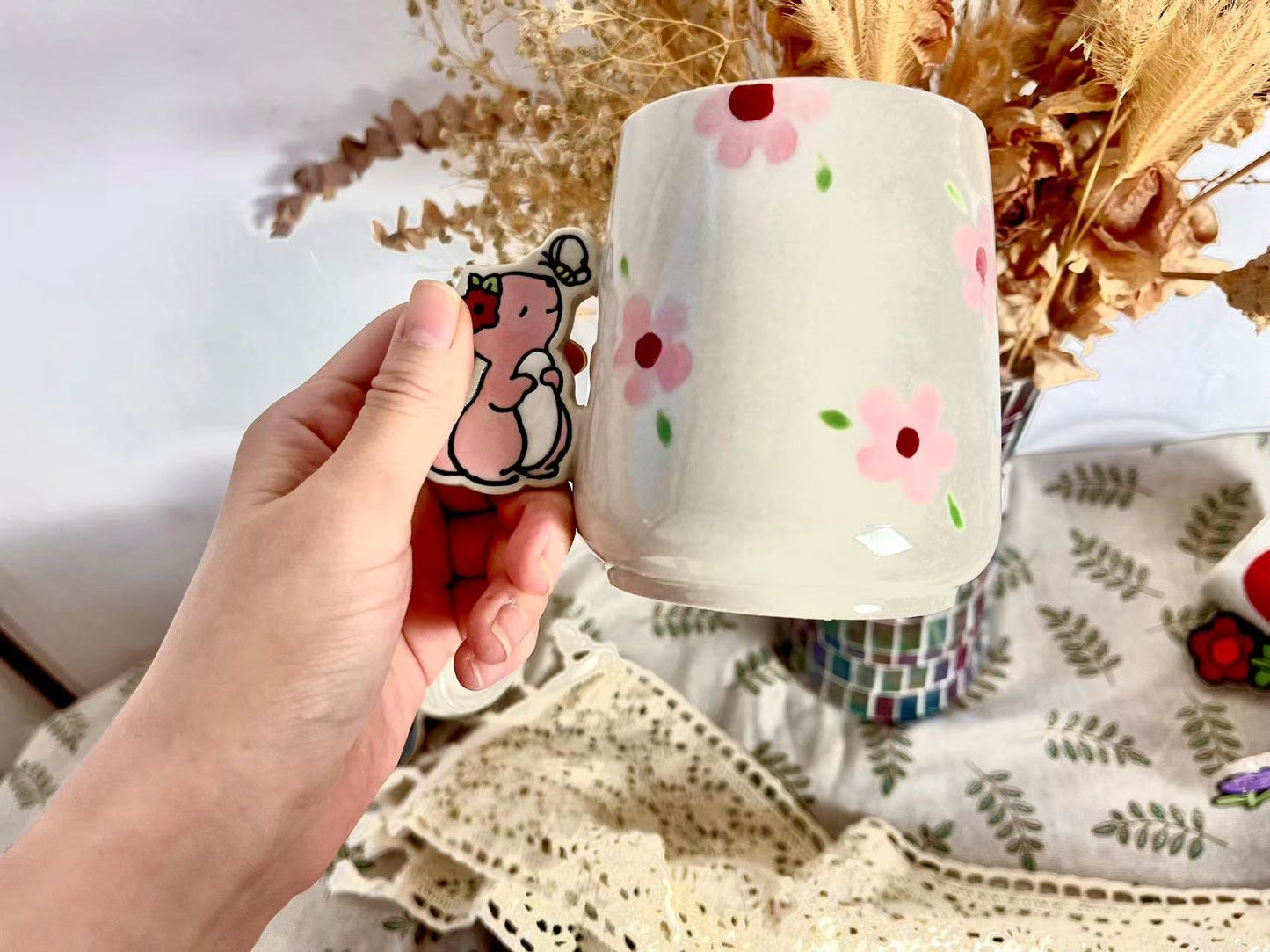 Animal Handle Ceramic Coffee Mug, Hand-painted Personalized Handmade Pottery Cup for Gifts