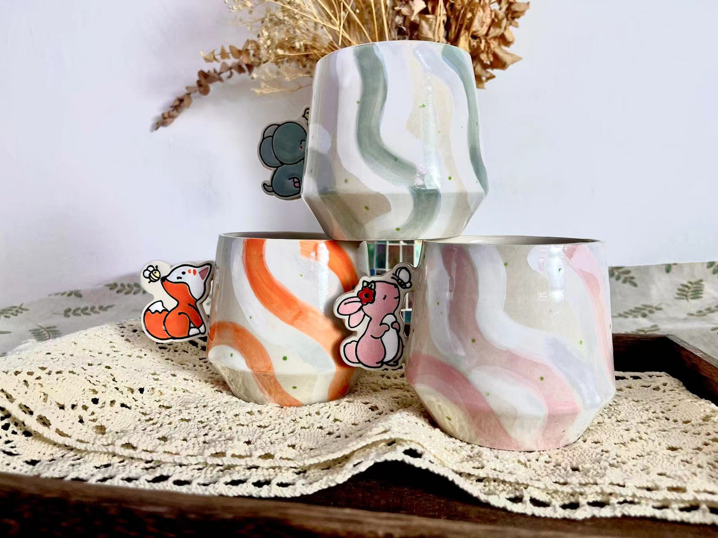 Animal Handle Ceramic Coffee Mug, Hand-painted Personalized Handmade Pottery Cup for Gifts