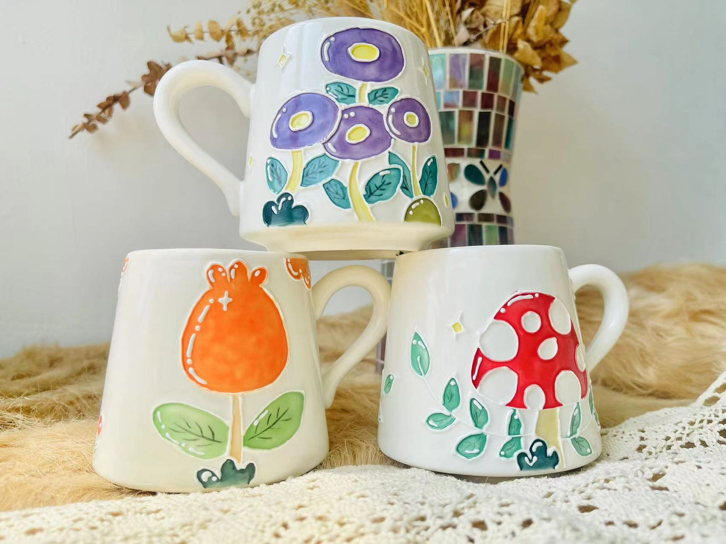 Hand-painted Floral Ceramic Coffee Mug, Mushroom Personalized Handmade Pottery Cup for Gifts