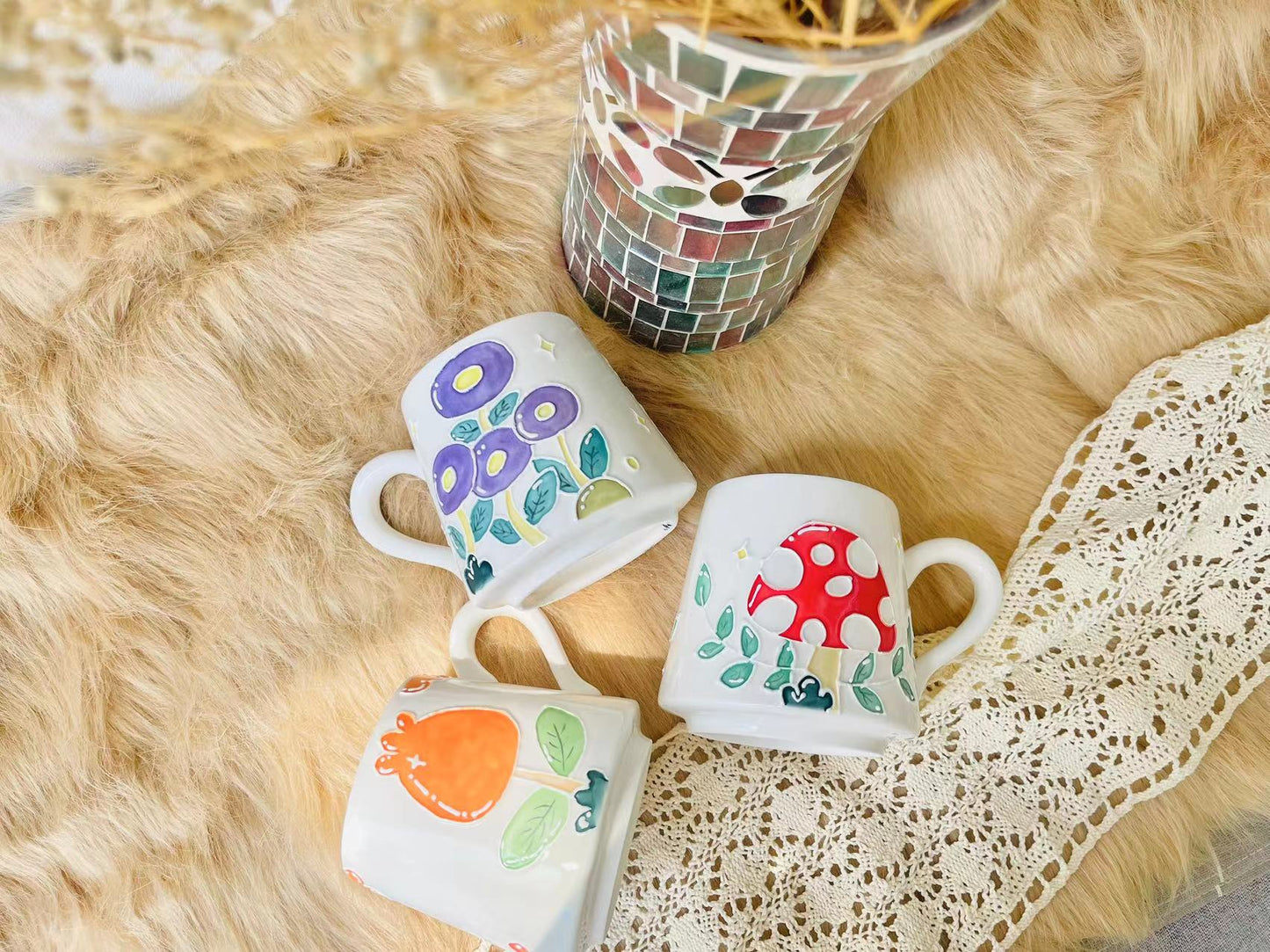 Hand-painted Floral Ceramic Coffee Mug, Mushroom Personalized Handmade Pottery Cup for Gifts