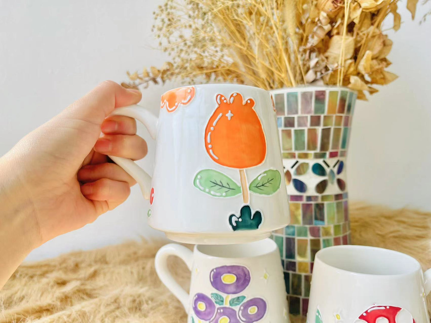 Hand-painted Floral Ceramic Coffee Mug, Mushroom Personalized Handmade Pottery Cup for Gifts