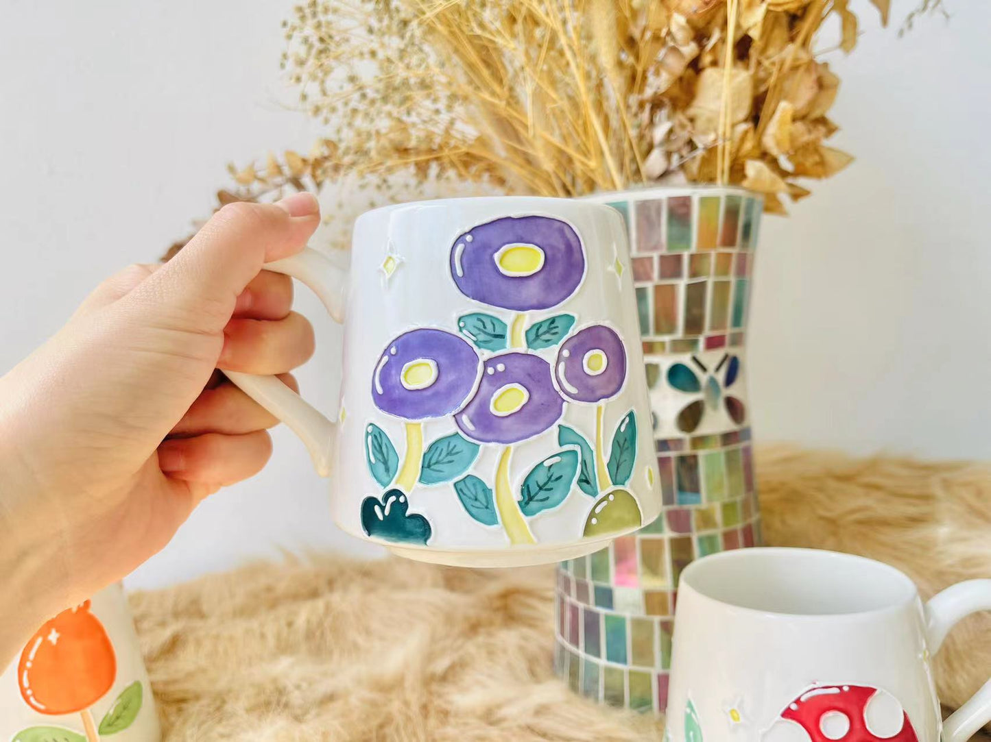 Hand-painted Floral Ceramic Coffee Mug, Mushroom Personalized Handmade Pottery Cup for Gifts