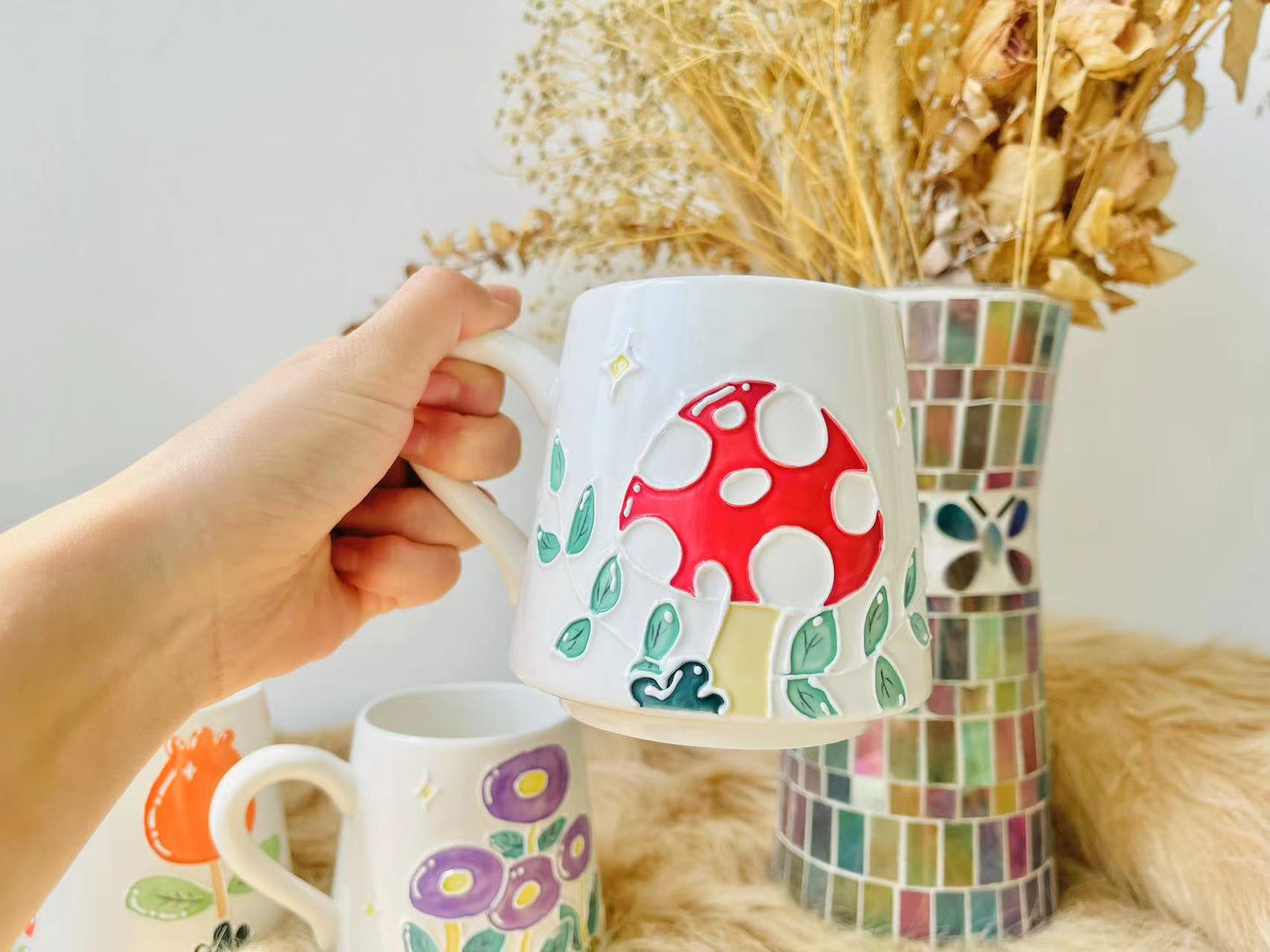Hand-painted Floral Ceramic Coffee Mug, Mushroom Personalized Handmade Pottery Cup for Gifts