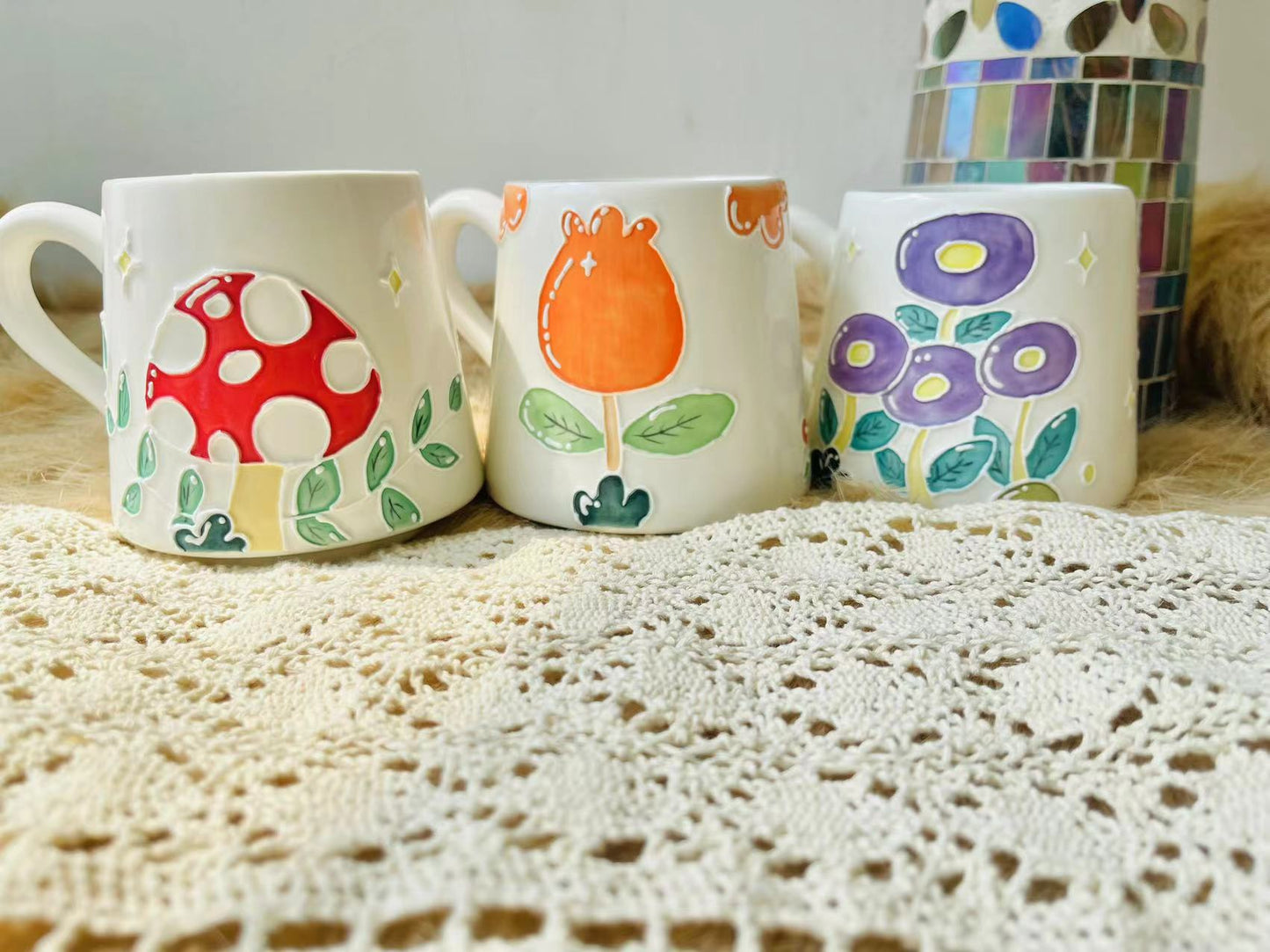 Hand-painted Floral Ceramic Coffee Mug, Mushroom Personalized Handmade Pottery Cup for Gifts