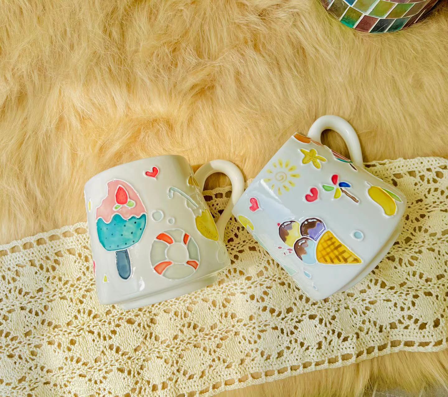 Ice Cream & Sun Umbrella Hand-Painted Ceramic Mugs, Personalized Pottery Mug for Gifts