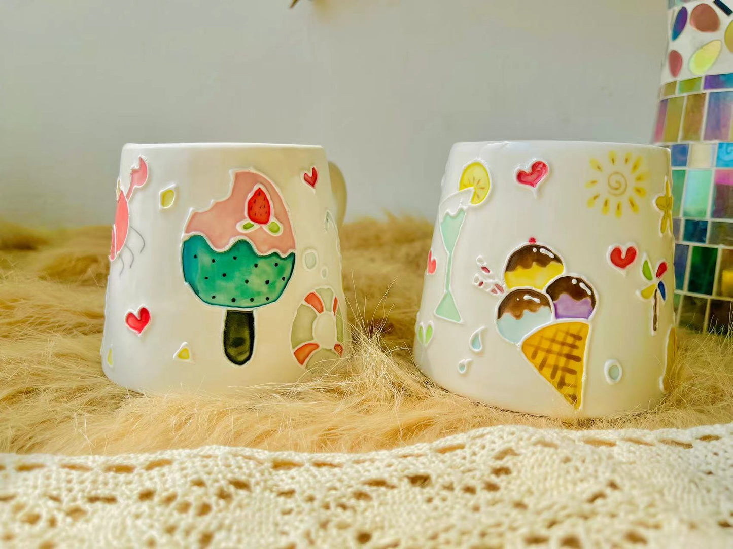 Ice Cream & Sun Umbrella Hand-Painted Ceramic Mugs, Personalized Pottery Mug for Gifts