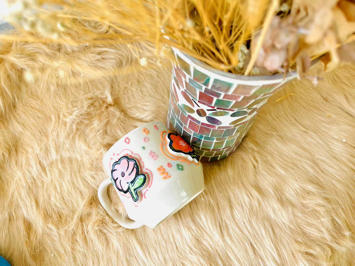 Cute Floral Ceramic Coffee Mug, Personalized Handmade Pottery Cup for Gifts