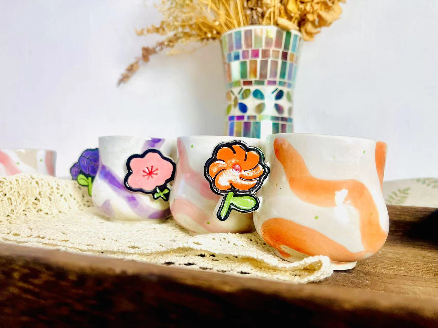 Adorable Flower Handmade Ceramic Mugs, Personalized 9 Oz Coffee Mug for Heartwarming Moments