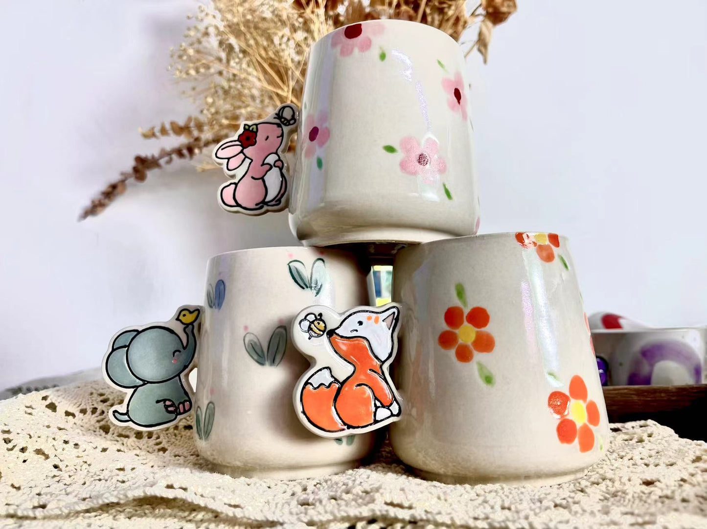 Animal Handle Ceramic Coffee Mug, Hand-painted Personalized Handmade Pottery Cup for Gifts