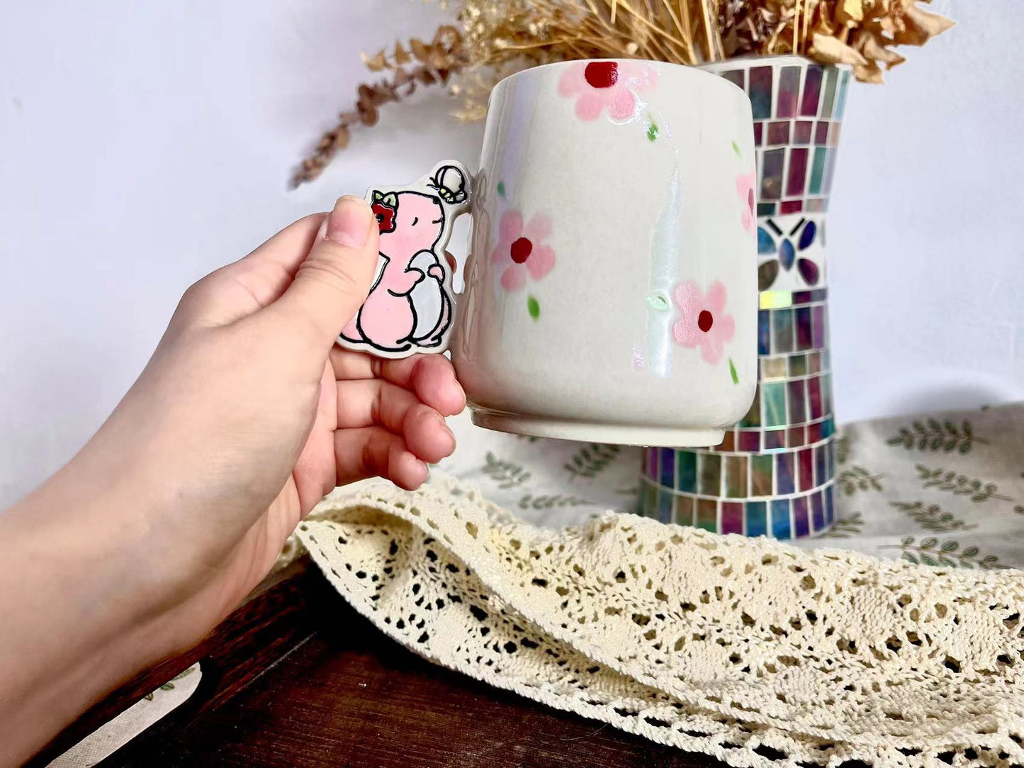 Animal Handle Ceramic Coffee Mug, Hand-painted Personalized Handmade Pottery Cup for Gifts