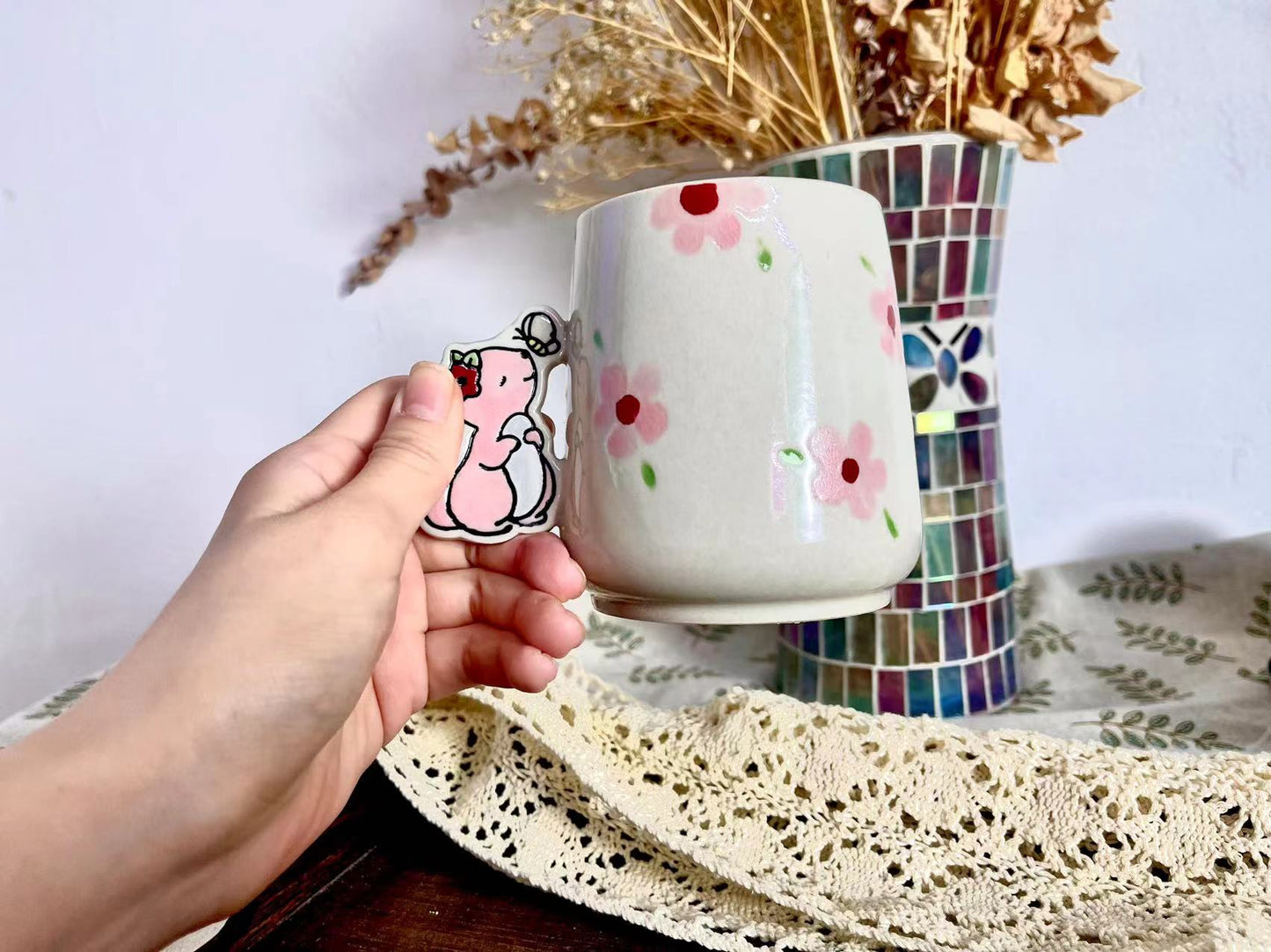 Animal Handle Ceramic Coffee Mug, Hand-painted Personalized Handmade Pottery Cup for Gifts