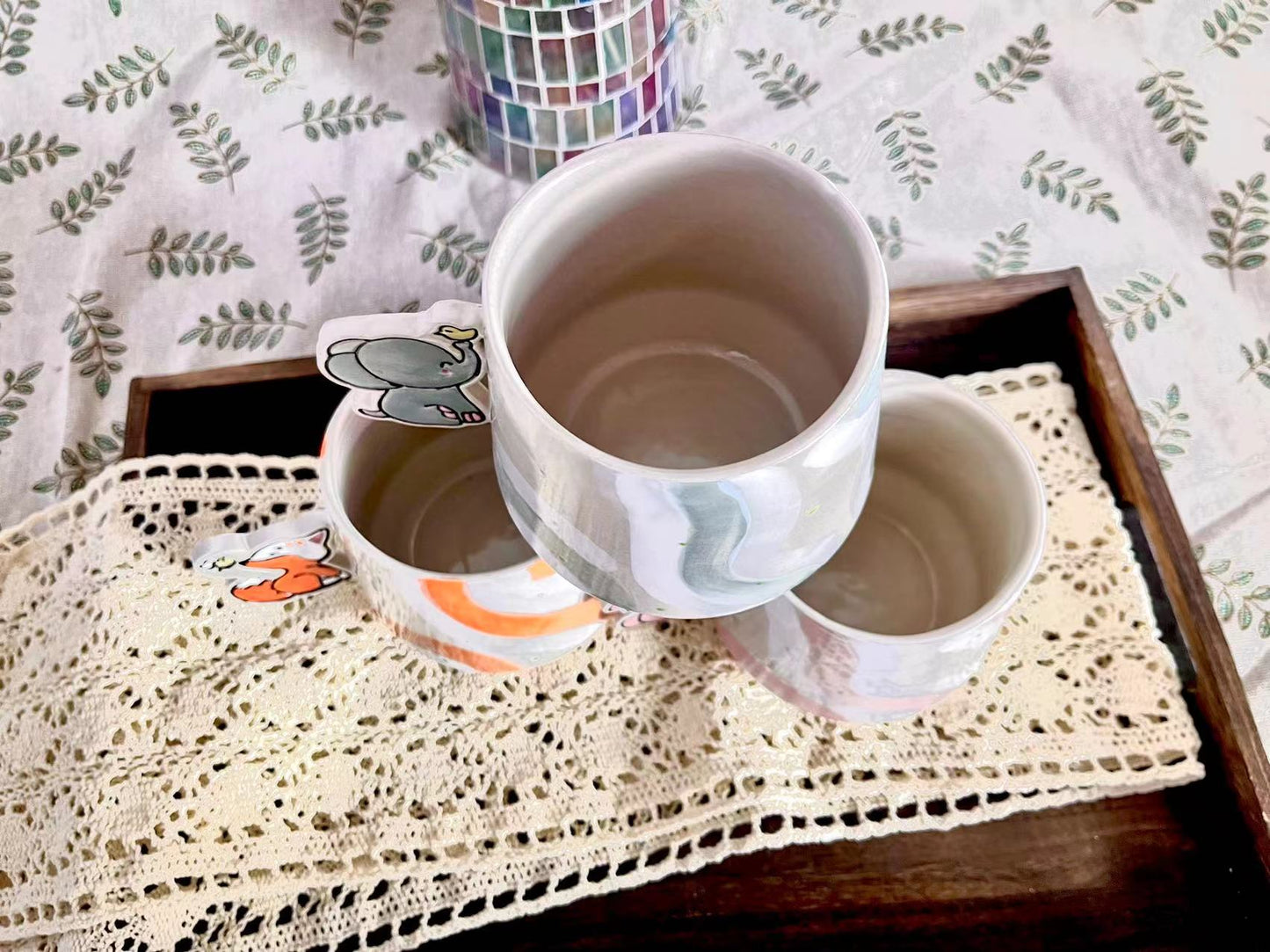 Animal Handle Ceramic Coffee Mug, Hand-painted Personalized Handmade Pottery Cup for Gifts