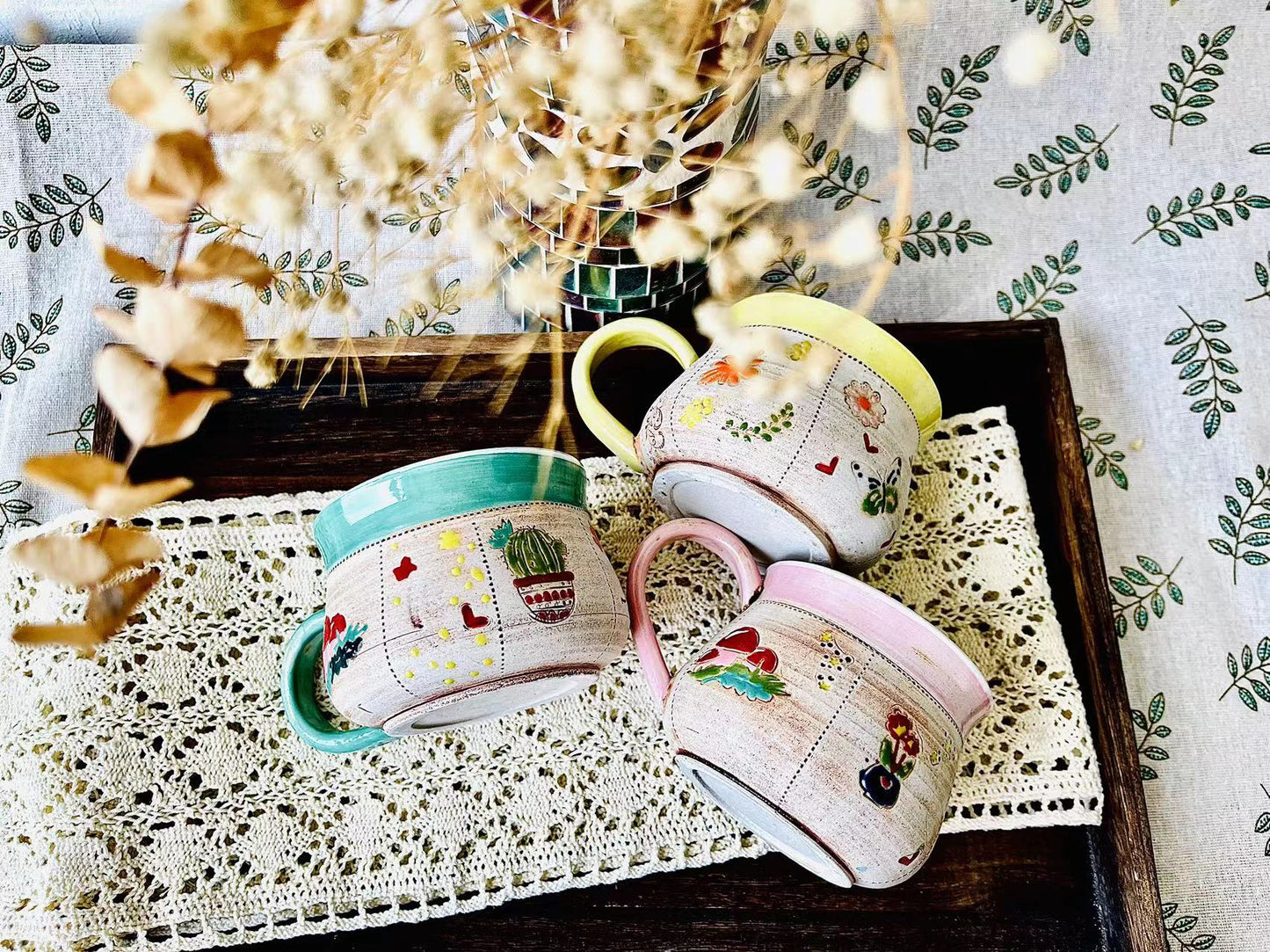 12 Ounce Retro Handpainted Animal Plant Ceramic Mugs, Personalized Ceramic Cup for Coffee Lovers