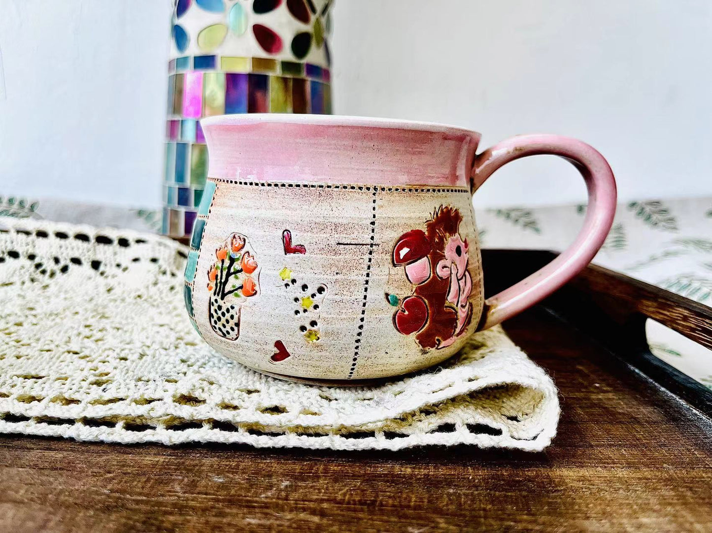 12 Ounce Retro Handpainted Animal Plant Ceramic Mugs, Personalized Ceramic Cup for Coffee Lovers