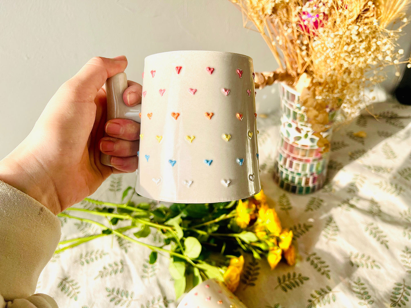 Adorable Rainbow Heart Handmade Ceramic Mug for Gifts