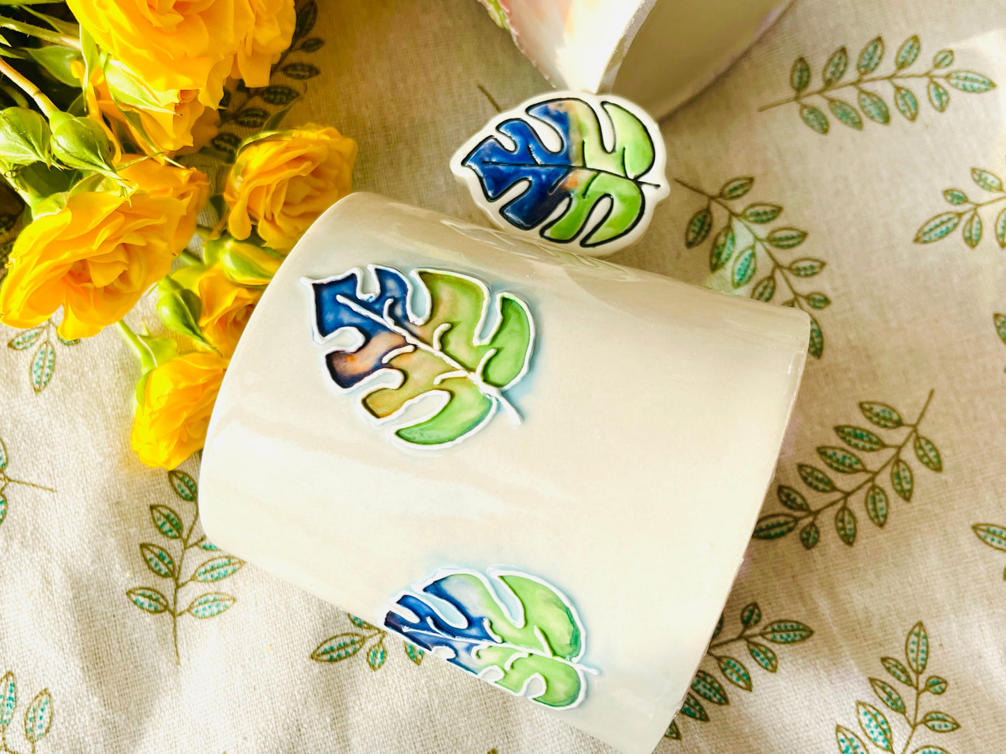 Hand-Painted Leaves&Cactus Ice Crack Glaze Ceramic Mugs