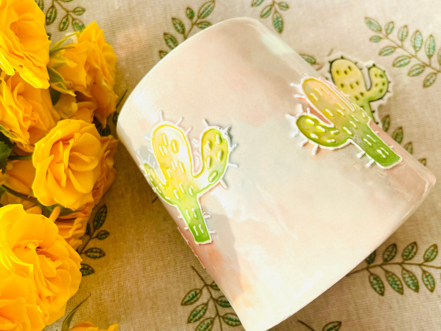 Hand-Painted Leaves&Cactus Ice Crack Glaze Ceramic Mugs
