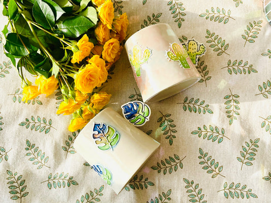 Hand-Painted Leaves&Cactus Ice Crack Glaze Ceramic Mugs