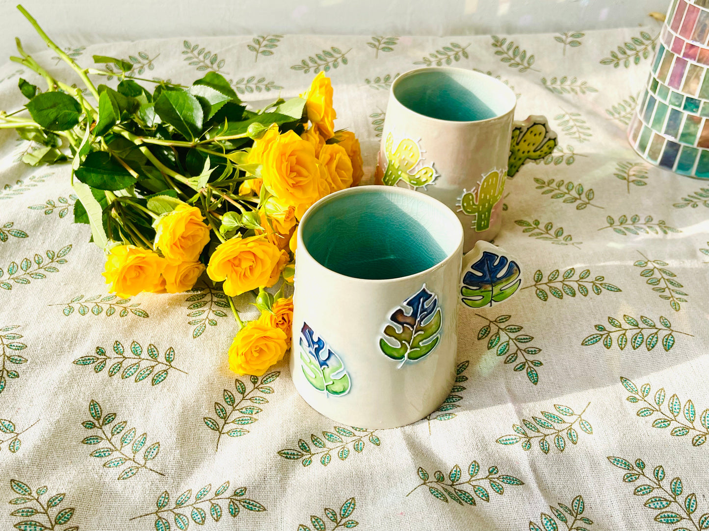 Hand-Painted Leaves&Cactus Ice Crack Glaze Ceramic Mugs