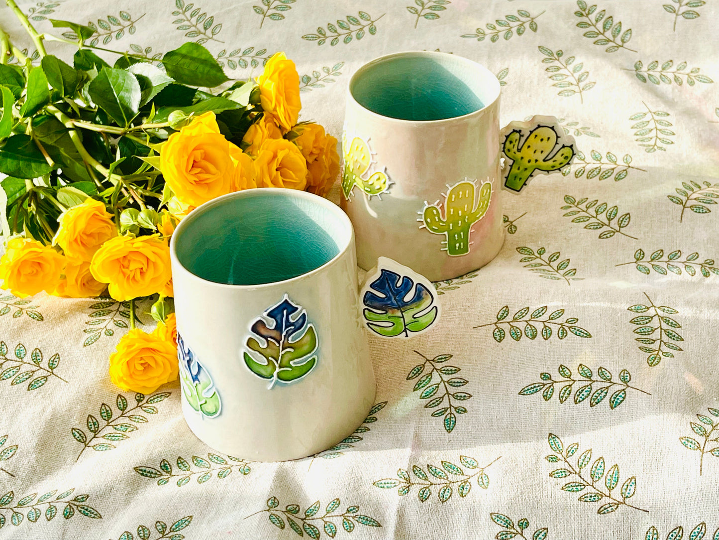 Hand-Painted Leaves&Cactus Ice Crack Glaze Ceramic Mugs