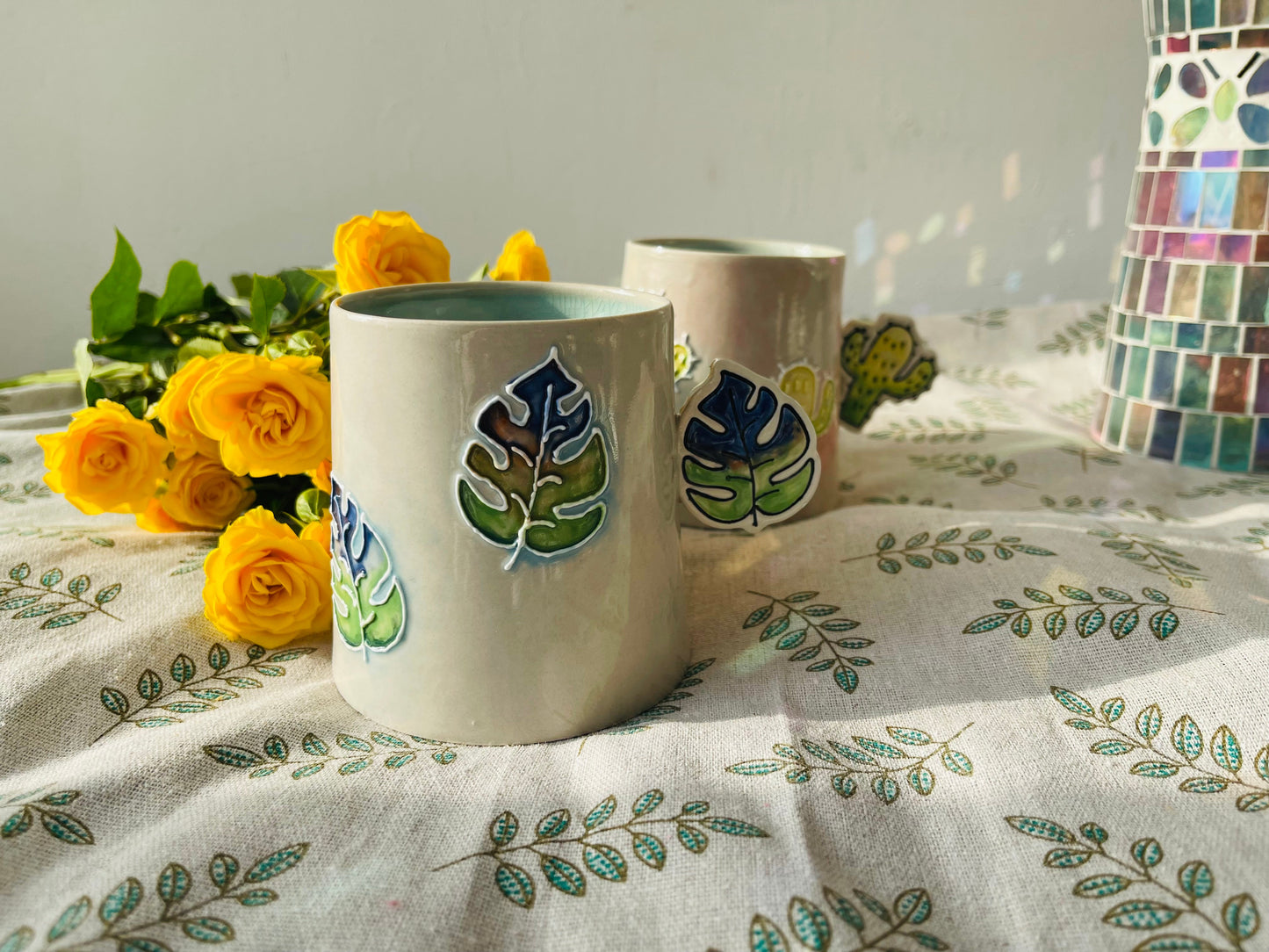 Hand-Painted Leaves&Cactus Ice Crack Glaze Ceramic Mugs
