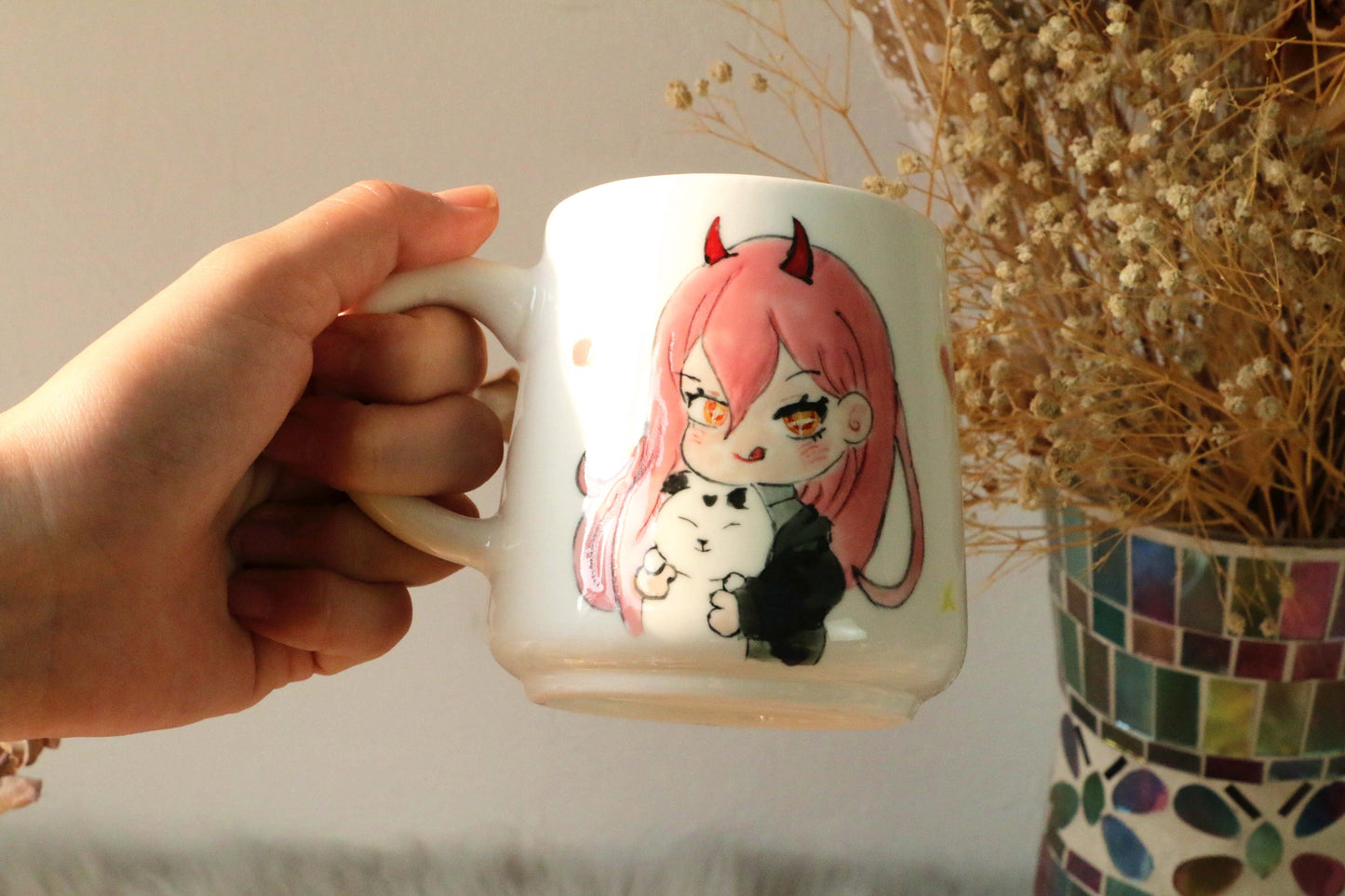 Chainsawman Ceramic Mugs Cute Handpainted, Personalized Ceramic Cup for Anime Lovers