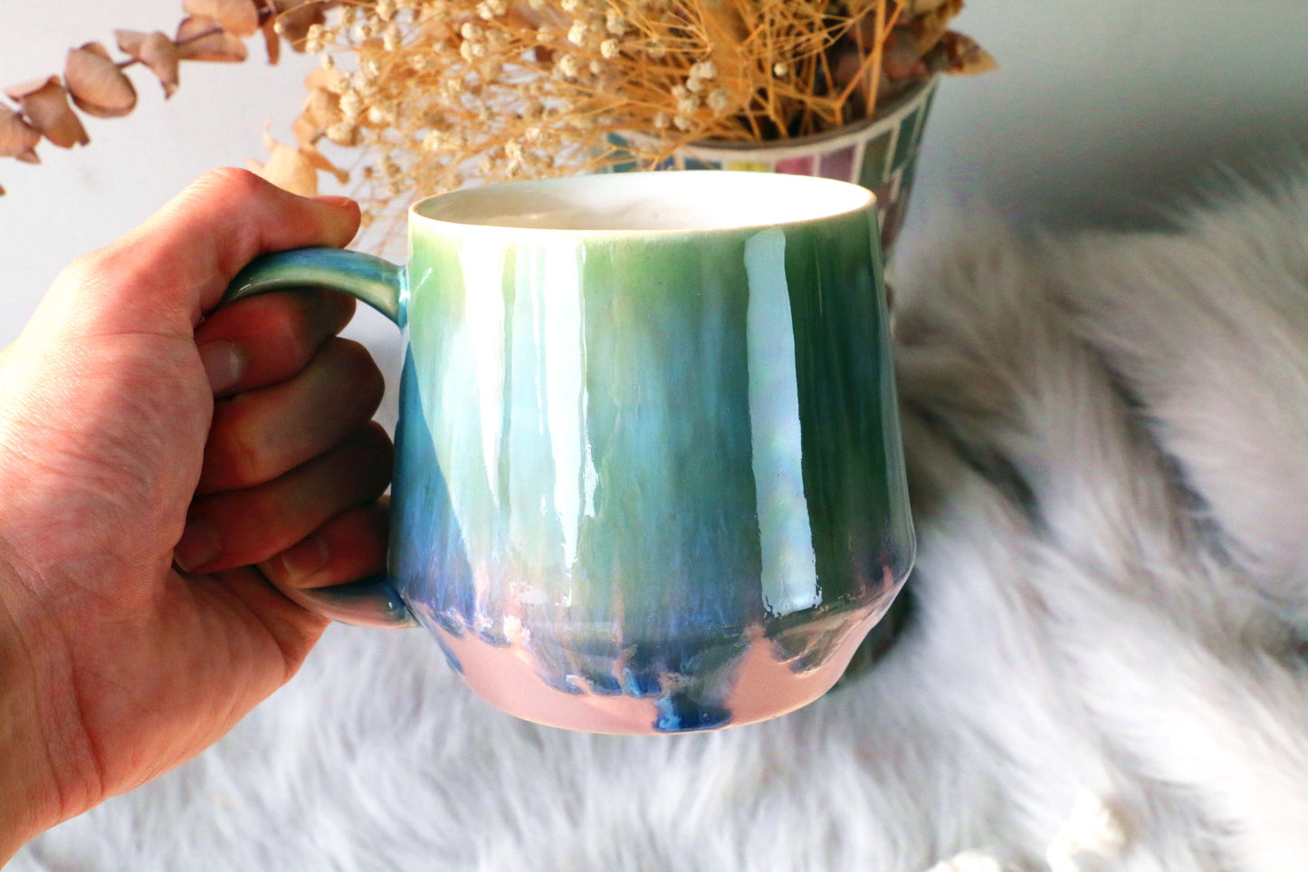 Colorful Ceramic Mug With Flowing Glaze, Personalized Handmade Pottery Mug